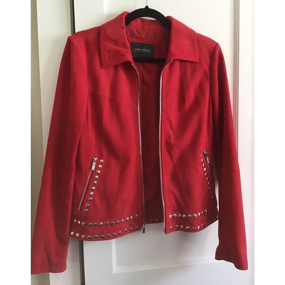 NEIMAN MARCUS Red Suede Leather Studded Moto Jacket Size Small P14682